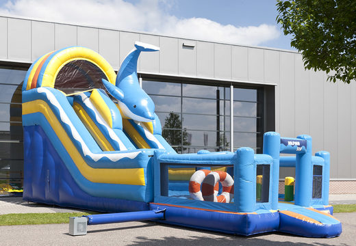 Multifunctional inflatable slide in a dolphin theme with a splash pool, impressive 3D object, fresh colors and the 3D obstacles for children. Buy inflatable slides now online at JB Inflatables UK
