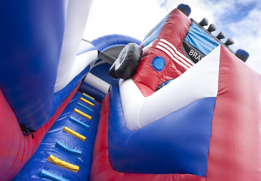 Unique multifunctional slide in fire department theme with a splash pool, impressive 3D object, fresh colors and the 3D obstacles for children. Buy inflatable slides now online at JB Inflatables UK