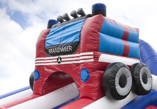 Inflatable slide in the theme of a fire brigade with a splash pool, impressive 3D object, fresh colors and the 3D obstacle for children. Order inflatable slides now online at JB Inflatables UK