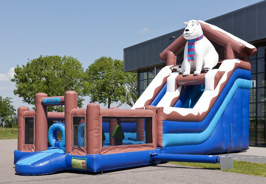 Multifunctional inflatable slide in polar bear theme with a splash pool, impressive 3D object, fresh colors and the 3D obstacles for children. Buy inflatable slides now online at JB Inflatables UK
