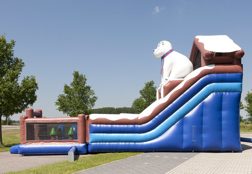 Inflatable multifunctional slide in polar bear theme with a splash pool, impressive 3D object, fresh colors and the 3D obstacles to buy for children. Order inflatable slides now online at JB Inflatables UK