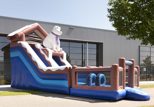 Unique inflatable slide with a polar bear theme with a splash pool, impressive 3D object, fresh colors and the 3D obstacles for children. Order inflatable slides now online at JB Inflatables UK