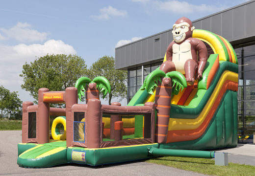 Multifunctional inflatable slide in gorilla theme with a splash pool, impressive 3D object, fresh colors and the 3D obstacles for children. Buy inflatable slides now online at JB Inflatables UK