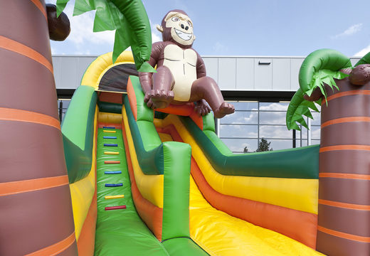 Multifunctional inflatable slide in gorilla theme with a splash pool, impressive 3D object, fresh colors and the 3D obstacles for kids. Order inflatable slides now online at JB Inflatables UK
