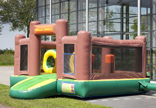 Inflatable multifunctional slide in gorilla theme with a splash pool, impressive 3D object, fresh colors and the 3D obstacles for kids. Buy inflatable slides now online at JB Inflatables UK