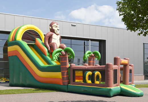 Gorilla themed multifunctional inflatable slide with a splash pool, impressive 3D object, fresh colors and the 3D obstacles for kids. Order inflatable slides now online at JB Inflatables UK