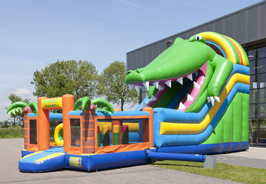 Get your inflatable multifunctional crocodile themed slide with a plunge pool, impressive 3D object, fresh colors and the 3D obstacles online now. Buy inflatable slides at JB Inflatables UK
