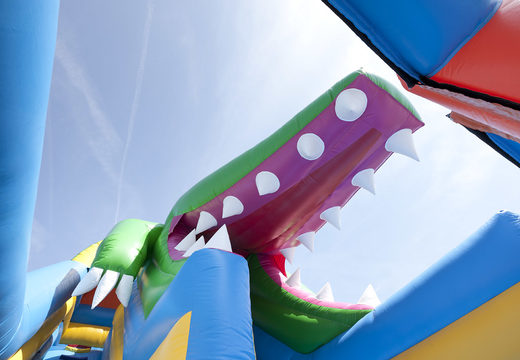 Multifunctional inflatable slide in crocodile theme with a splash pool, impressive 3D object, fresh colors and the 3D obstacles for kids. Order inflatable slides now online at JB Inflatables UK