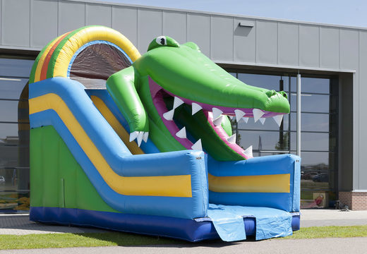 Impressive inflatable crocodile themed slide with a splash pool for kids. Buy inflatable slides now online at JB Inflatables UK