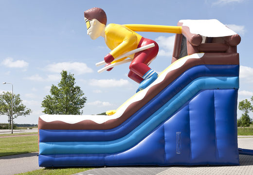 Skier themed multifunctional inflatable slide with a splash pool, impressive 3D object, fresh colors and the 3D obstacles for kids. Buy inflatable slides now online at JB Inflatables UK