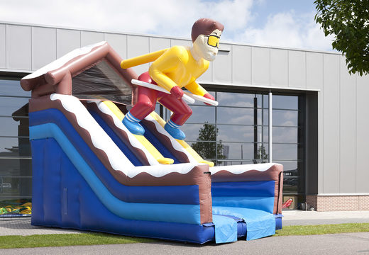 Order an inflatable multifunctional slide in the Ski theme with a splash pool, impressive 3D object, fresh colors and the 3D obstacles for children. Buy inflatable slides now online at JB Inflatables UK