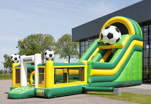 Unique inflatable slide in the football theme with a splash pool, impressive 3D object, fresh colors and the 3D obstacles for children. Order inflatable slides now online at JB Inflatables UK