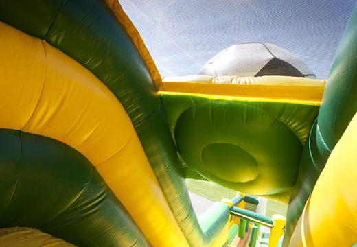 Inflatable slide in the theme of football with a splash pool, impressive 3D object, fresh colors and the 3D obstacle for children. Order inflatable slides now online at JB Inflatables UK