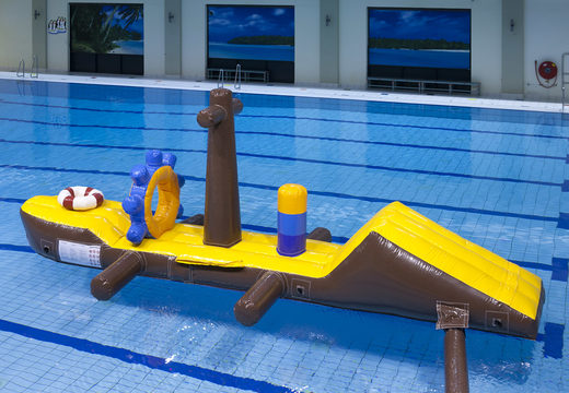 Order an inflatable 7 meter long obstacle course of a floating pirate ship for both young and old. Buy inflatable water attractions online now at JB Inflatables America