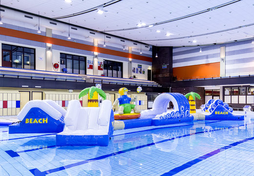 Order surfer run themed double swimming pool assault course for both young and old. Buy inflatable water attractions online now at JB Inflatables America