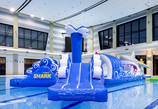 Buy a 13 meter long inflatable shark run assault course in a unique design with funny 3D objects and no less than 2 slides for both young and old. Order inflatable water attractions now online at JB Inflatables America