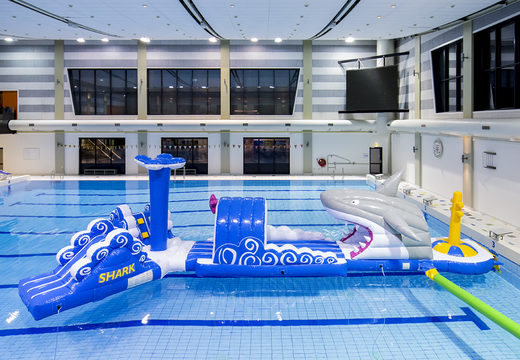 Order 13 meters long inflatable shark run swimming pool assault course in a unique design with funny 3D objects and no less than 2 slides for kids. Buy inflatable obstacle courses online now at JB Inflatables America