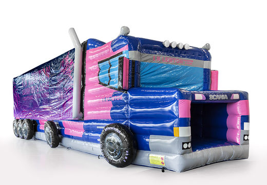 Buy a large inflatable IR Lewton obstacle course in truck theme for both indoor and outdoor. Order inflatable obstacle courses online now at JB Promotions UK