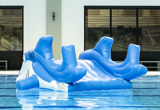 Order a small inflatable shark-themed airtight slide for both young and old. Buy inflatable water attractions online now at JB Inflatables America
