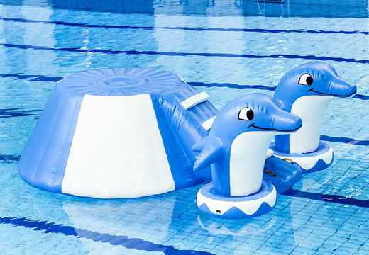 Order an airtight inflatable island slide in a dolphin theme with the cheerful 3D dolphins and buy the cool design for both young and old. Buy inflatable water attractions online now at JB Inflatables America