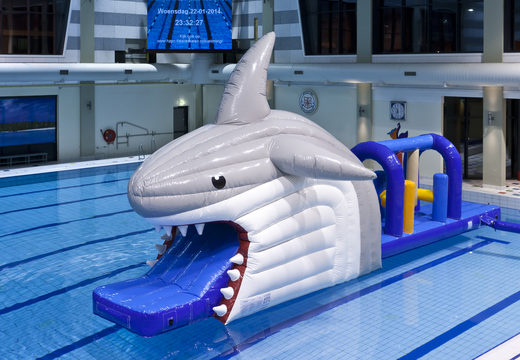 Buy shark themed airtight obstacle run with challenging obstacle objects for kids. Order inflatable obstacle courses online now at JB Inflatables America