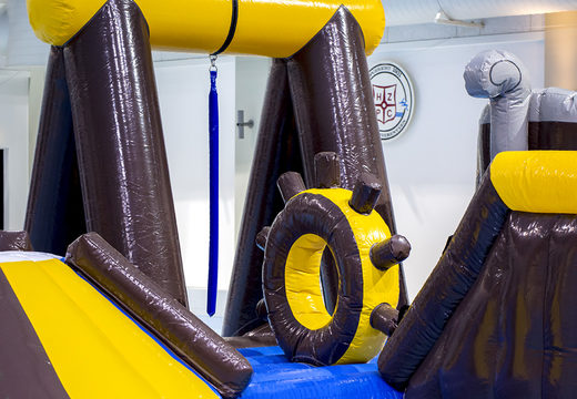 Order an airtight inflatable play island in a pirate theme with a vine, climbing tower, round slide and obstacles for both young and old. Buy inflatable pool games now online at JB Inflatables America