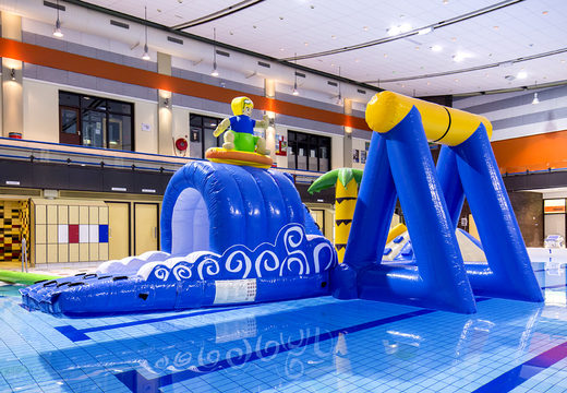 Buy an airtight surfer-themed play island with a vine, climbing tower, round slide and obstacles for children. Order inflatable pool games now online at JB Inflatables America
