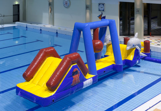 Buy Marine run inflatable water obstacle course with 3D dolphins and cool prints for both young and old. Order inflatable obstacle courses online now at JB Inflatables America