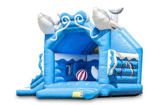 Buy inflatable covered blue multifun bounce house with slide in the theme dolphin for children. Order bounce houses online at JB Inflatables UK