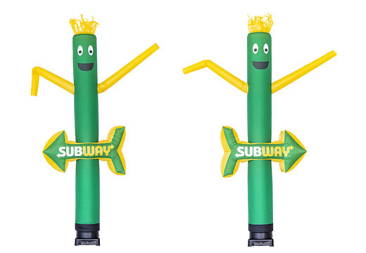Personalized Subway 3D sky dancer with yellow spikes and the 3D object in the shape of an arrow in the direction of Subway made at JB Promotions UK. Order promotional inflatable air dancers made in all shapes and sizes at JB Inflatables UK