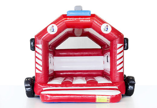 Order online a bespoke inflatable youth fire brigade - a frame fire brigade bouncy castle with 3D custom at JB Promotions UK; specialist in inflatable advertising items such as custom bouncers