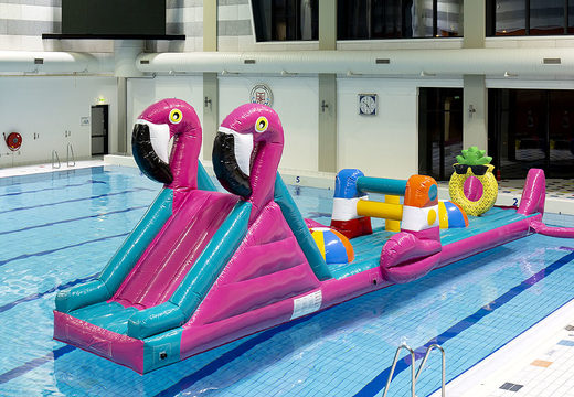 Buy an inflatable 12 meter long Flamingo Run swimming pool obstacle course for both young and old. Order inflatable water attractions now online at JB Inflatables America