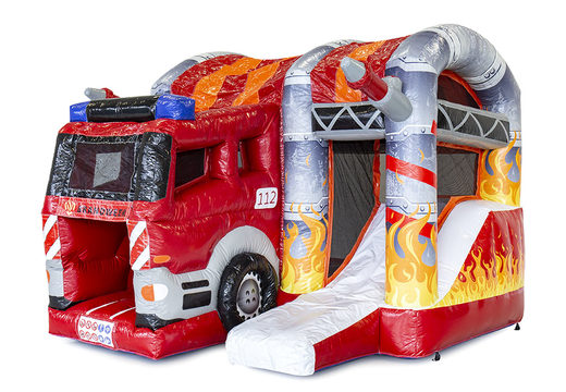 Buy a small indoor inflatable multiplay bouncy castle with slide in the fire brigade theme for children. Order inflatable bouncy castles online at JB Inflatables UK