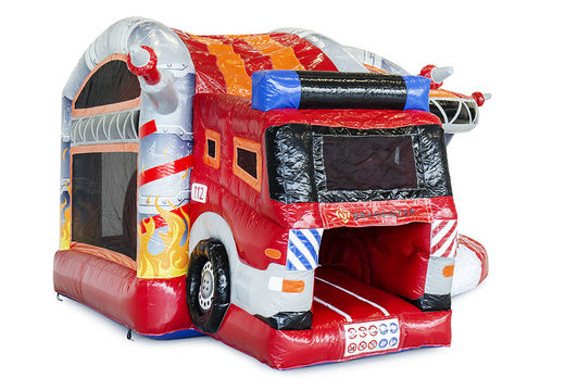 Buy medium inflatable fire brigade bouncy castle with slide for kids. Order inflatable bouncy castles online at JB Inflatables UK