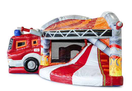 Multiplay fire brigade bouncy castle with 3D objects and a slide for kids. Order inflatable bouncy castles online at JB Inflatables UK