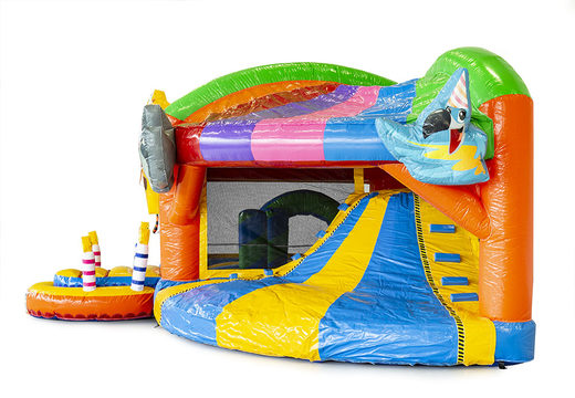 Multiplay party bouncy castle with a slide and 3D objects for kids. Order inflatable bouncy castles online at JB Inflatables UK