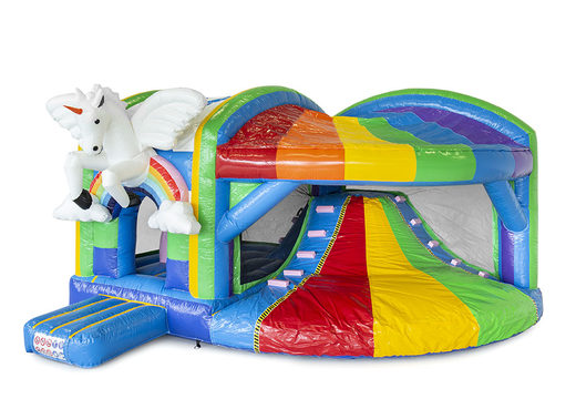 Buy inflatable indoor multiplay XL bouncy castle with slide in theme unicorn rainbow for children. Order inflatable bouncy castles online at JB Inflatables UK