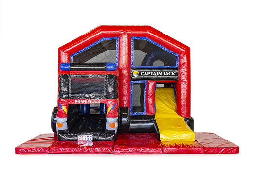 Order custom made Captian Jack Multiplay Fire Brigade Covered inflatable bouncy castle at JB Inflatables UK. Request a free design for inflatable bouncy castles in your own corporate identity now