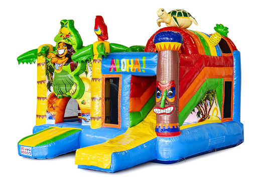 Buy indoor inflatable multiplay bouncy castle in tropical Hawaii theme with slide for children. Order inflatable bouncy castles online at JB Inflatables UK