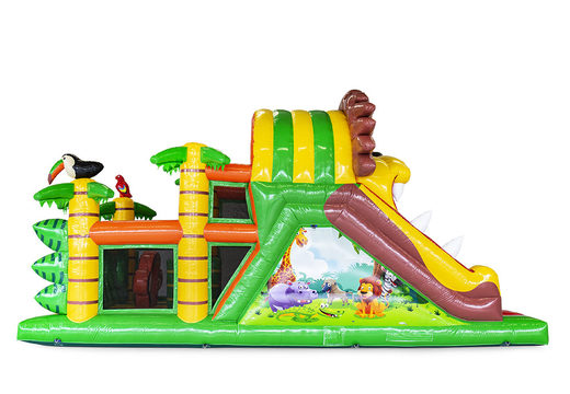 Jungle themed 9 m inflatable obstacle course for children. Order inflatable obstacle courses now online at JB Inflatables UK