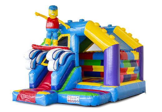 Buy a small indoor inflatable multiplay bouncy castle with slide in the theme superblocks lego for children. Order now inflatable bouncy castles with slide at JB Inflatables UK