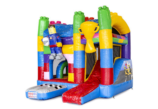 Buy a small indoor multiplay inflatable bouncer in the theme Lego superblocks with slide for children. Order inflatable bouncers online at JB Inflatables UK