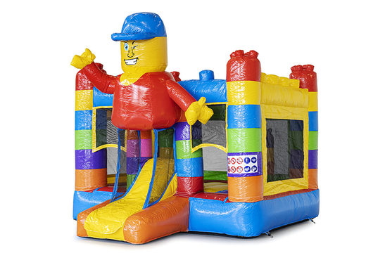 Buy mini inflatable bouncy castle in superblocks theme with slide for kids. Order inflatable bouncy castles at JB Inflatables UK