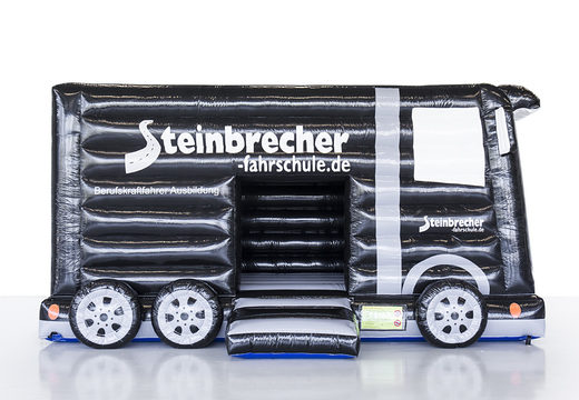 Buy bespoke black-colored Steinbrecher fashrschule bus bouncy castle for events at JB Inflatables UK. Order now custom-made inflatable bounce houses in different shapes and sizes