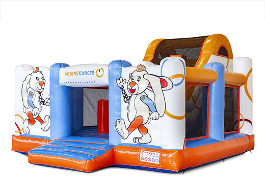 Custom made Against Cancer Slide Box bouncy castles with animation, logo of the foundation and the mascot, suitable for various events. Order custom made bouncy castles at JB Promotions UK 
