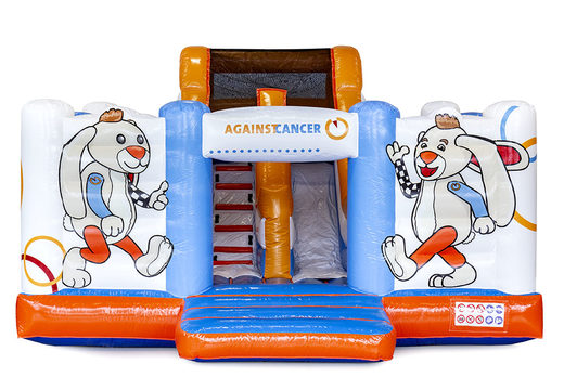 Order online bepoke Against Cancer Slide Box bouncy castles with animation, logo of the foundation and the mascot at JB Promotions UK . Buy custom made inflatable promotional bouncy castles online from JB Inflatables UK  now