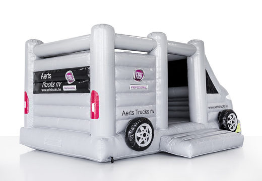 Order your custom-made white Aert truck bus bounce house online now at JB Promotions UK. Buy bespoke inflatable bouncy castles in different shapes and sizes