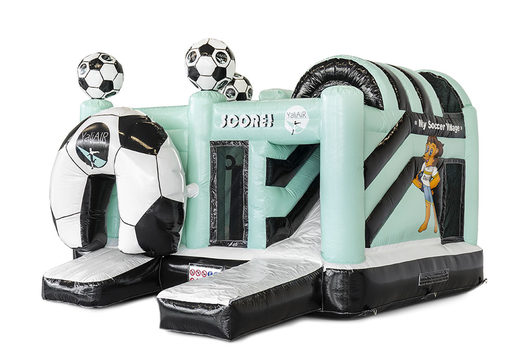 Order custom made pastel blue Yali Air Multiplay soccer bouncer in your own corporate identity at JB Inflatables UK . Promotional inflatables in all shapes and sizes made at JB Promotions 