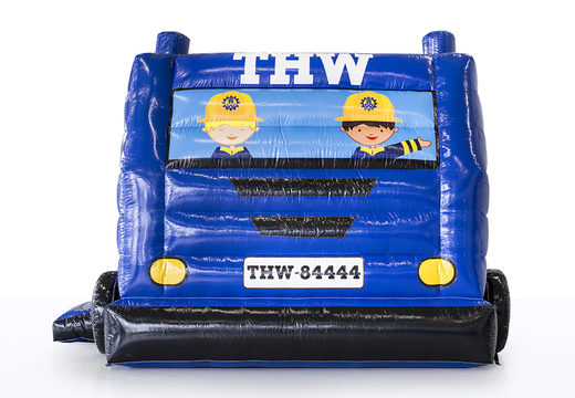 Order a custom made inflatable Technical Hilfswerk - truck bouncy castle online at JB Promotions UK ; specialist in inflatable advertising items such as custom indoor bouncy castle 