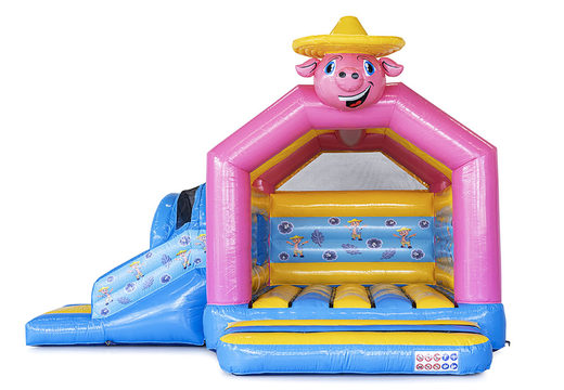 Buy custom made inflatable Pig happy multifun bouncy castle with slide in different shapes and sizes at JB Inflatables UK. Promotional inflatables in all shapes and sizes made at JB Promotions